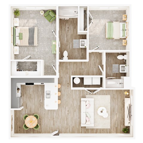 Floor plan for 2 beds, 2 baths, 950 sqft